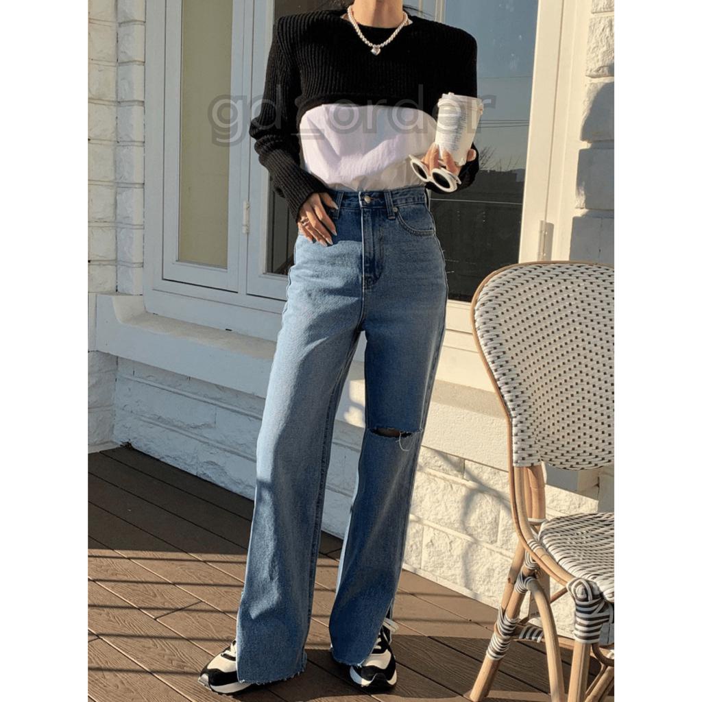 Q10|Quần jeans bò nữ ống rộng lưng cao rách gối hàn quốc basic dễ mặc đi học, đi chơi gd_order