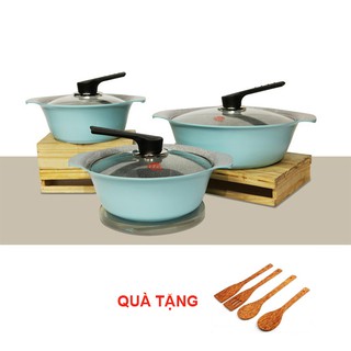 Bộ nồi Ceramic bếp  từ Ilo Hàn Quốc 3 chiếc nắp kính màu xanh , tặng bộ sạn dừa ( 1 nồi 18cm x 1 nồi 21cm x 1 nồi 27cm)