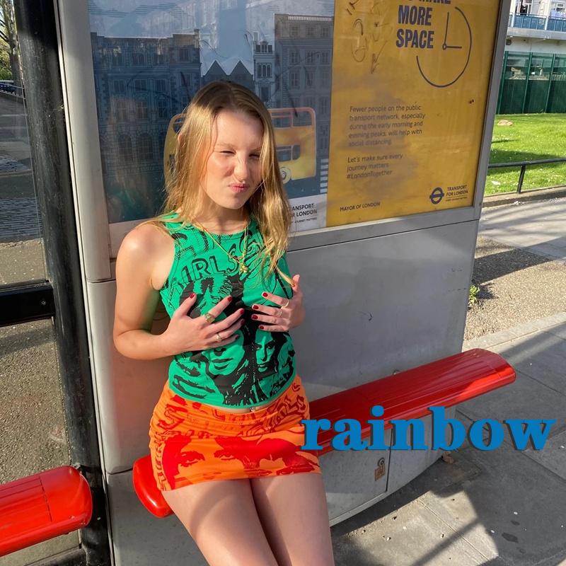 Chân váy ngắn lưng thấp in họa tiết cầu vồng màu cam / trắng phong cách thời trang cho nữ