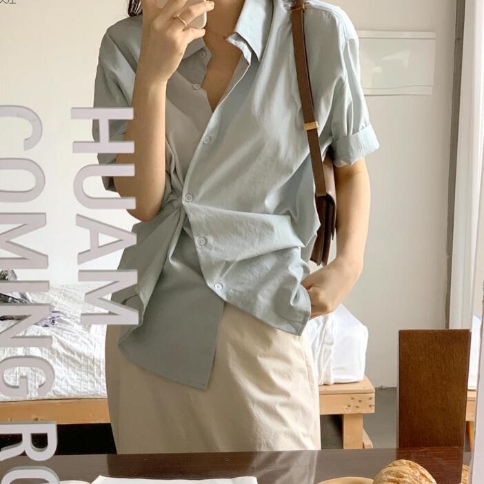 Áo Sơ Mi Tay Ngắn Màu Sắc Đơn Giản Phong Cách Hàn Quốc Cho Nữ