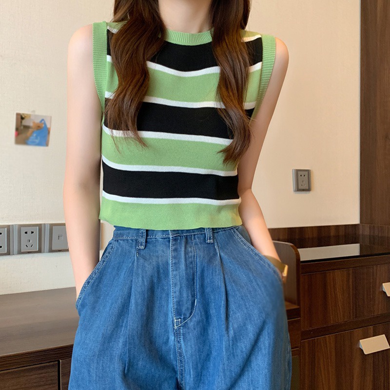 Áo Dệt Kim Sát Nách Dáng Ôm Ngắn Kẻ Sọc Vải Lụa Lạnh Kiểu Hàn Quốc Cá Tính