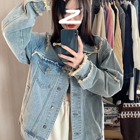 ZHELIHANGFEI Áo Khoác Denim Dài Tay Dáng Rộng Phối Túi Cá Tính Theo Phong Cách Retro Mỹ