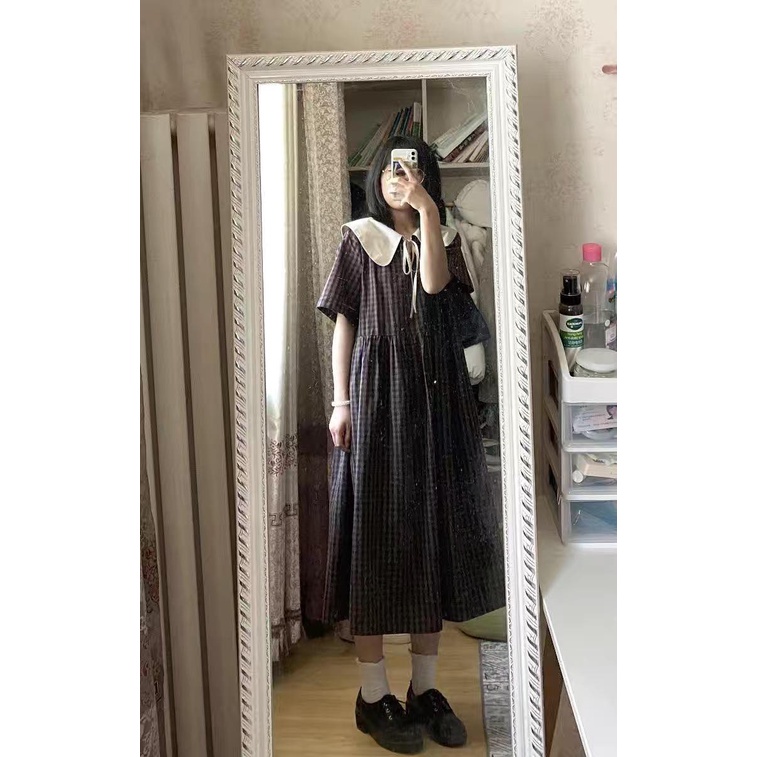 CÓ SẴN Váy/ Đầm suông cổ búp bê bánh bèo họa tiết caro - 3 ẢNH THẬT Ở CUỐI