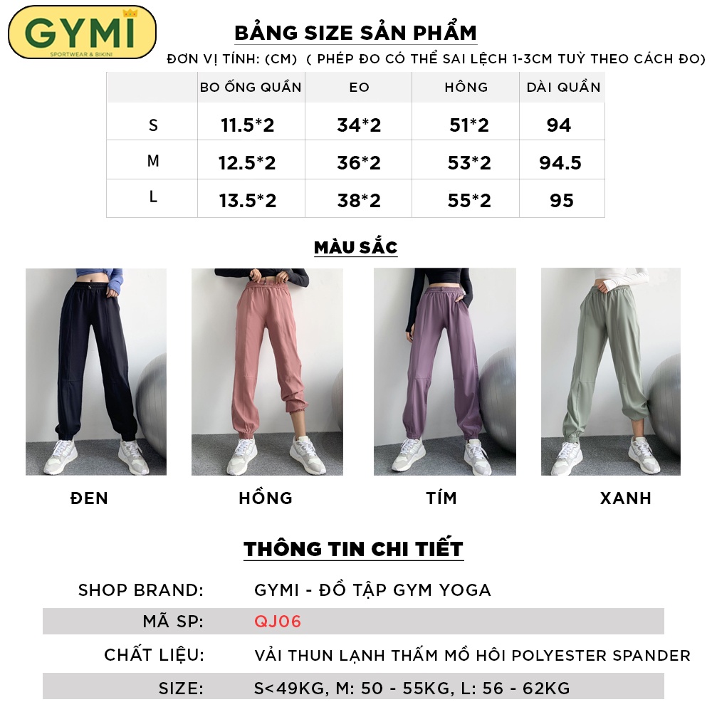 Quần jogger tập gym yoga nữ GYMI QJ06 dáng rộng thể thao chất gió giấy mỏng mịn mát thoáng khí rumba