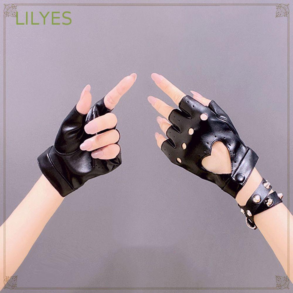 Găng Tay Nửa Ngón Thiết Kế Đục Lỗ Màu Trắng Đen Phong Cách Punk Thanh Lịch Cho Nữ