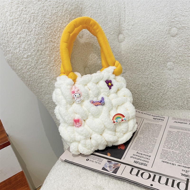 Túi Đeo Chéo Cotton Dệt Tay Hình Gấu/Dâu/Đám Mây Màu Trơn Đơn Giản Thời Trang Thu Đông