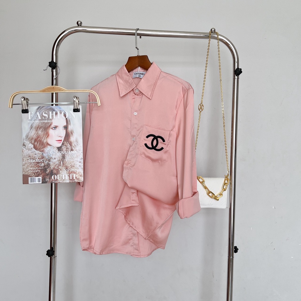 Áo Sơ Mi Lụa Bóng Thêu Chữ X Túi Ngực, Shirt Công Sở Channel Smide Clothing