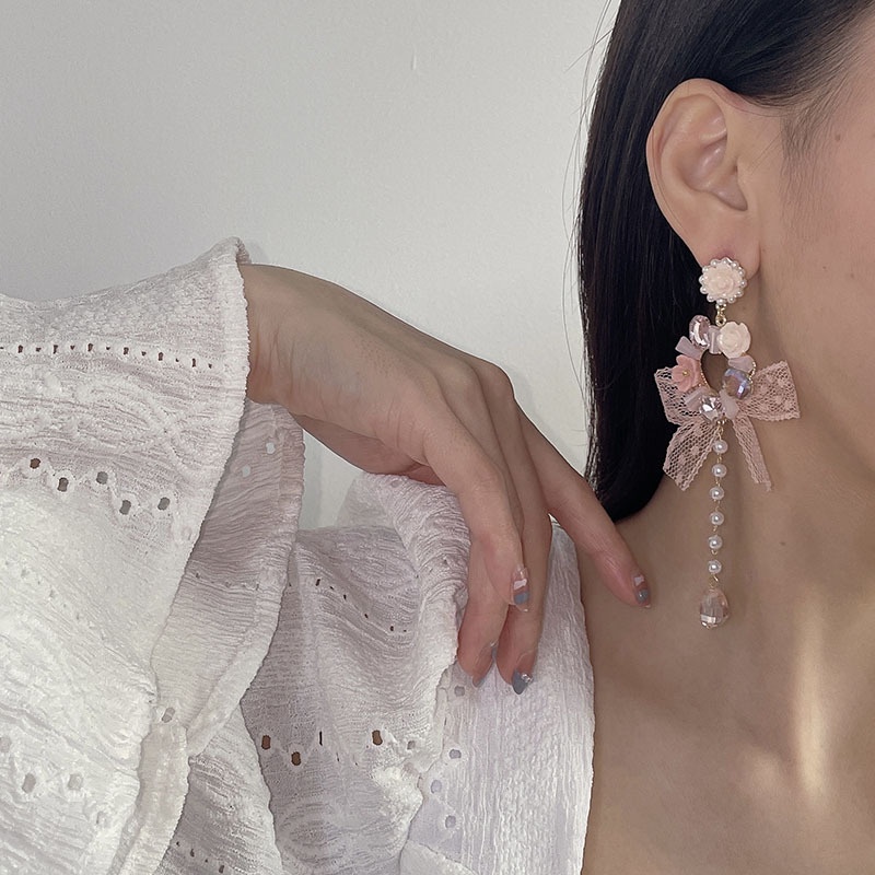 Bông Tai Đính Ngọc Trai Và Đá Hình Giọt Nước Phối Ren Tua Rua Phong Cách Hàn Quốc Sang Trọng Thời Trang 2022