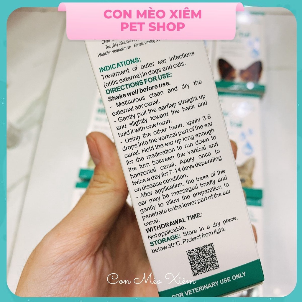 Nhỏ viêm tai chó mèo Vemedim 10ml, ve rận nấm tai thú cưng Con Mèo Xiêm