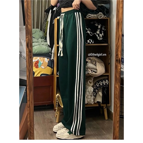 Quần Thể Thao Lưng Cao Ống Rộng Họa Tiết Kẻ Sọc Phong Cách Hàn Quốc Thời Trang Cho Nữ