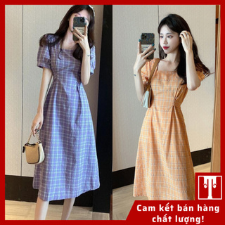 Váy đầm suông cột nơ eo cổ chữ u sọc caro bánh bèo