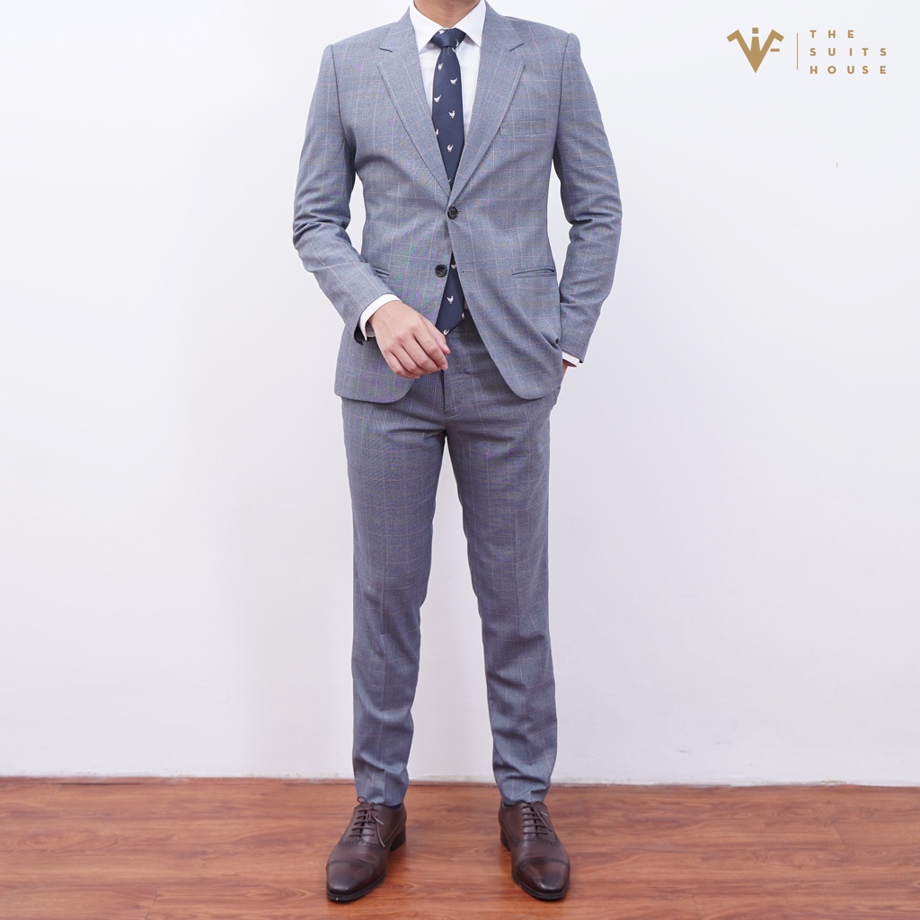 Bộ vest nam áo suits blazer quần tây xám kẻ ô, form ôm, sartorial, vải WOOL - The Suits House