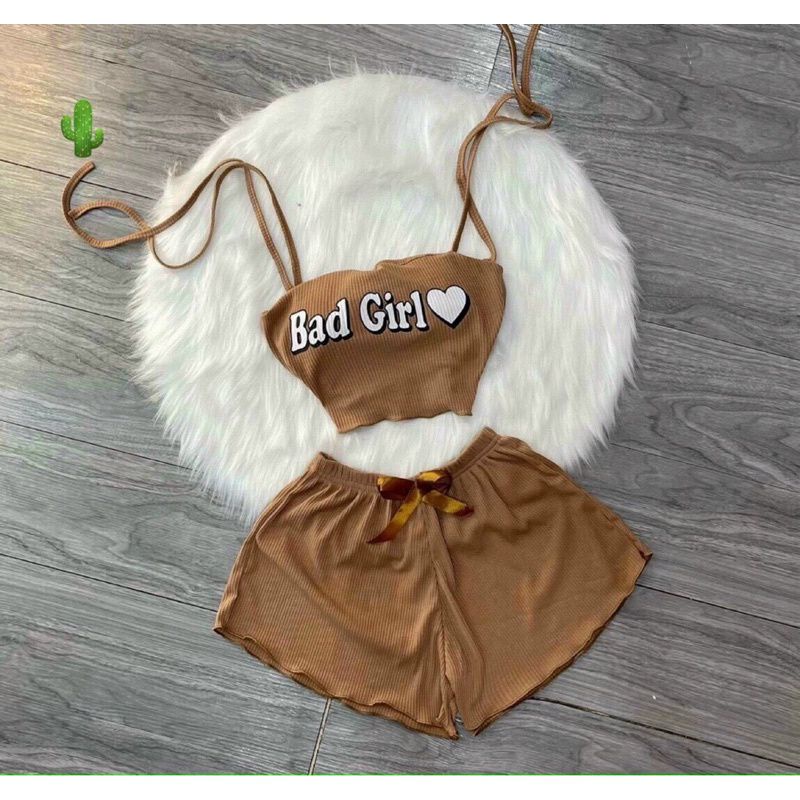 Set bộ mặc nhà buộc nơ 2 dây BADGIRL siêu xinh