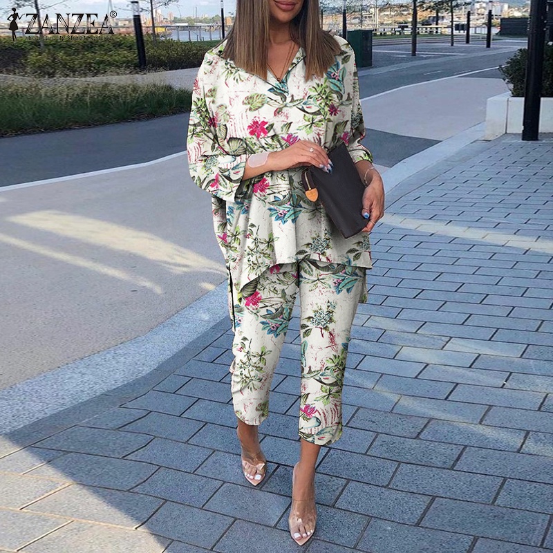 Set trang phục ZANZEA áo tay dài và quần dài in họa tiết hoa phong cách Châu Âu vintage dành cho nữ
