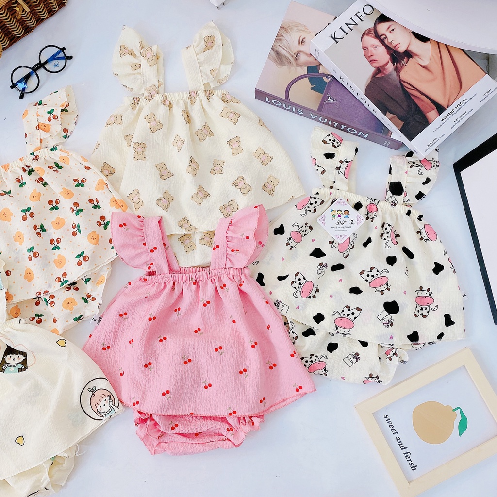 AV20 Bộ Áo Váy 2 Dây Cánh Tiên Hoạ Tiết Hoa Quả Cho Bé Chất Liệu Vải Đũi Nhăn Đủ Size Từ 8-18Kg VNXK Nhật-Hàn