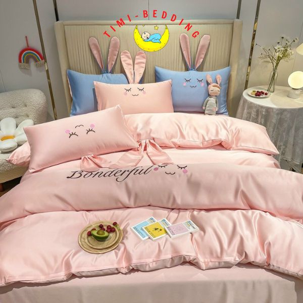 Bộ chăn ga gối lụa tai thỏ mát mẻ, cao cấp chất liệu phi lụa thoáng mát– Timibedding