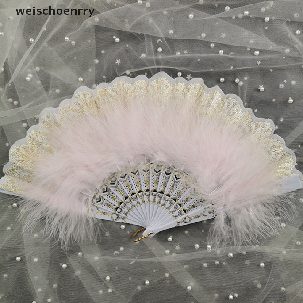 Quạt xếp phối lông vũ phong cách Lolita nhiều màu tùy chọn