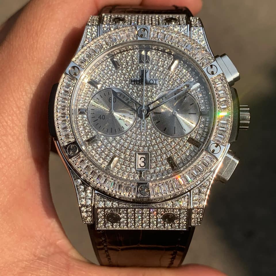 Đồng hồ nam Hu-blot 6kim vỏ kín đính đá mặt đá cao cấp sáng rực rỡ dây cao su size 42mm