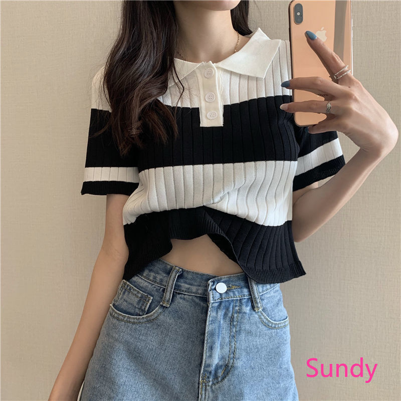 Áo Croptop Kẻ Sọc Xinh Xắn Phong Cách Hàn Quốc Cho Nữ