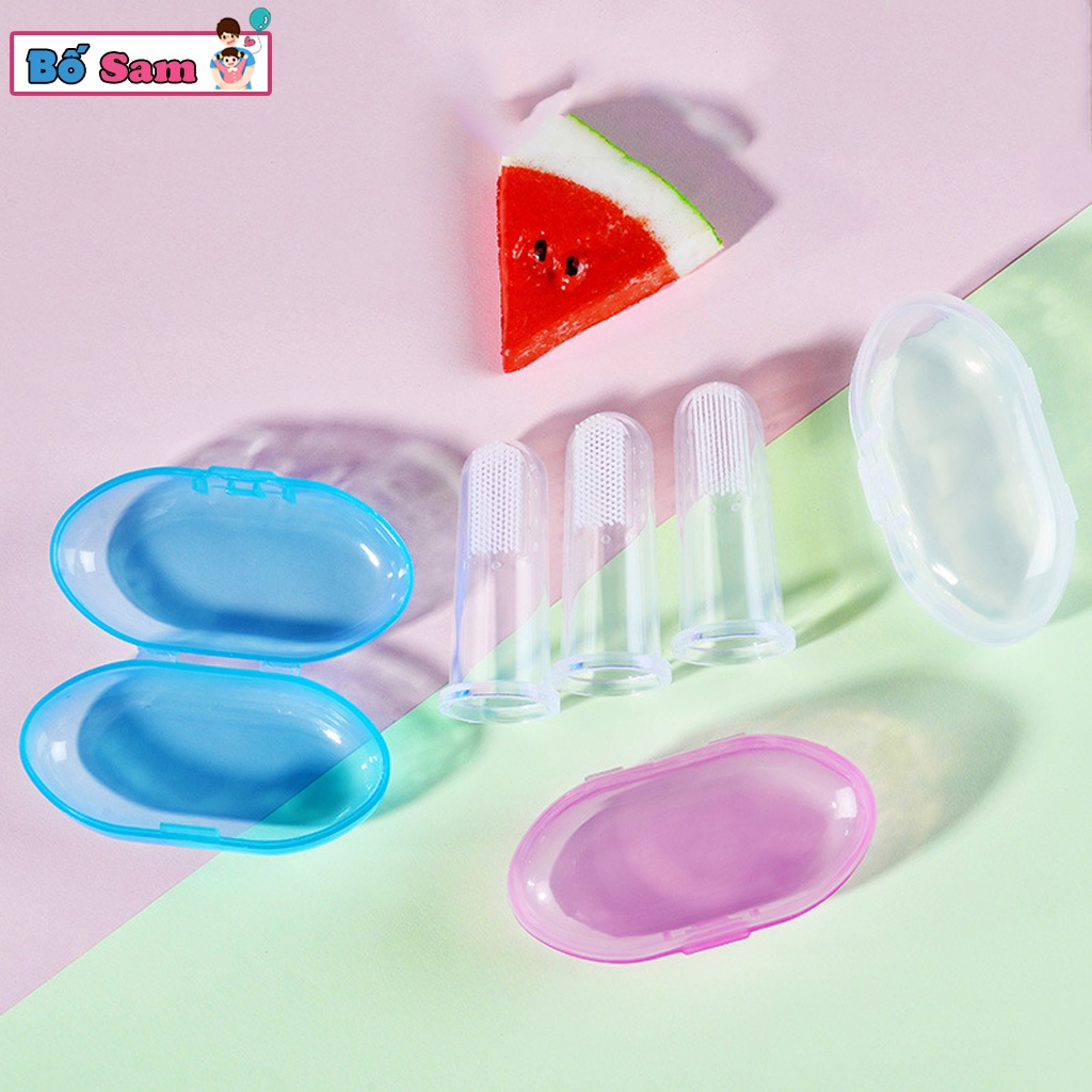 Rơ lưỡi silicon xỏ ngón, tưa lưỡi đánh răng cho bé có hộp đựng vệ sinh Shop Bố Sam