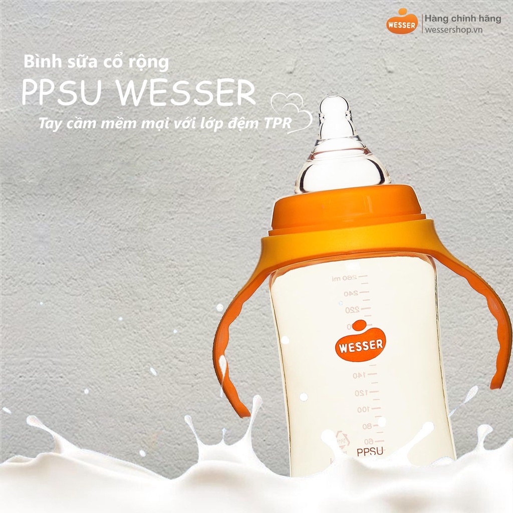 BÌNH SỮA CÓ ỐNG HÚT CỔ RỘNG CAO CẤP PPSU WESSER 180ML/260ML