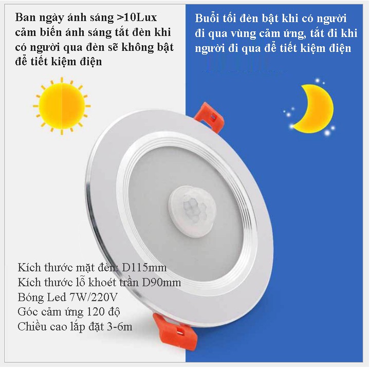 Đèn cảm biến hồng ngoại âm trần Downlight D90/7W/220V