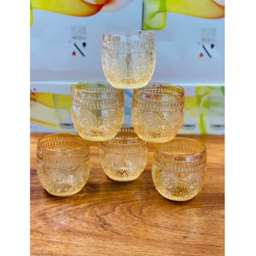 BỘ 6 CỐC THỦY TINH VIỀN VÀNG HOA VĂN TRÒN NỔI