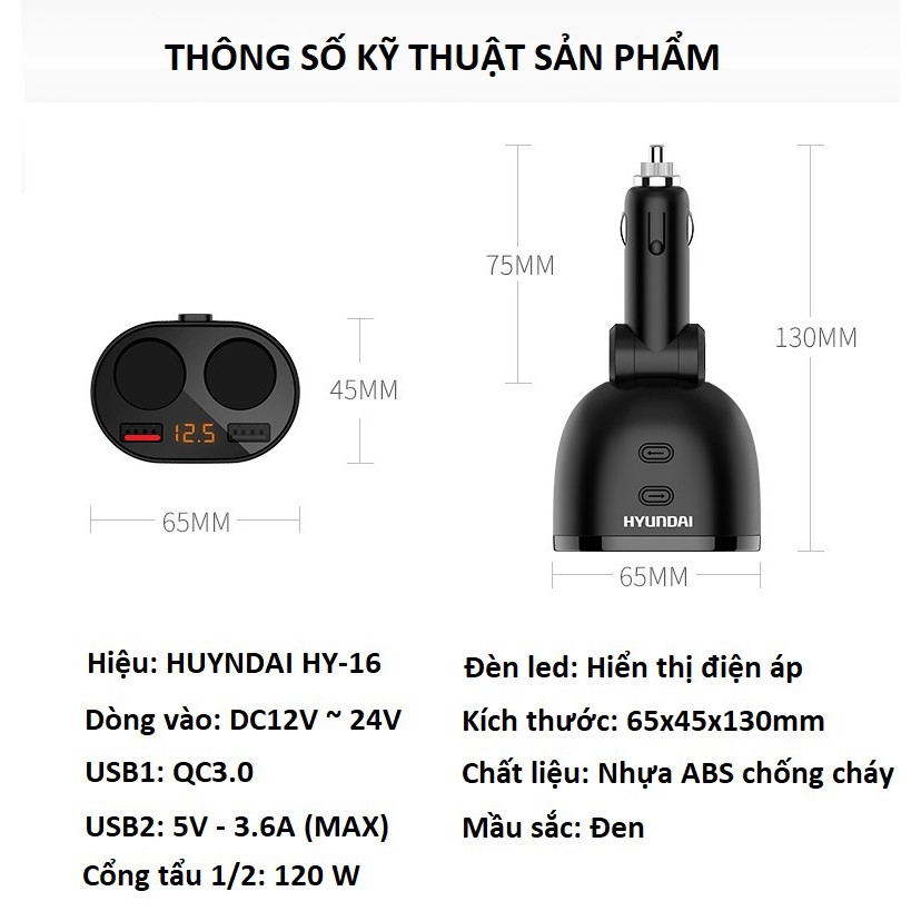 Tẩu sạc ô tô hiệu huyndai HY16 phiên bản sạc nhanh màn hình hiển thị điện áp với 2 dock sạc, 2 cổng USB sạc nhanh QC3.0