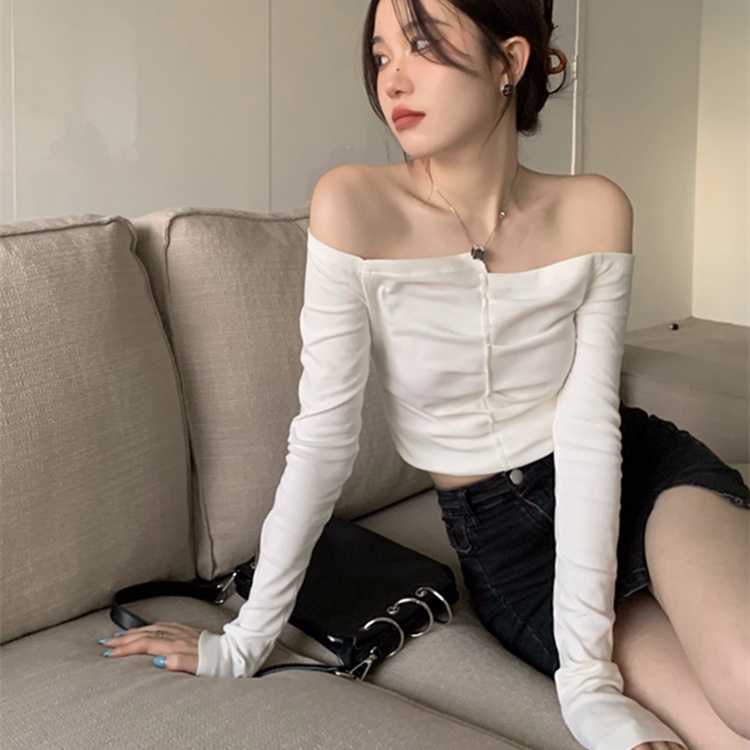SUXI Áo Croptop Trễ Vai Tay Dài Màu Sắc Trơn Thời Trang Mùa Thu Cho Nữ