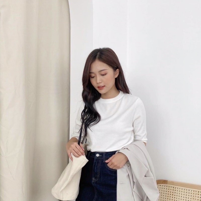 Áo Len Nữ Cộc Tay Cổ Tròn Dáng Suông Ôm Vừa Basic Phong Cách Hàn Quốc Chất Len Lông Thỏ Mềm Mịn | BigBuy360 - bigbuy360.vn