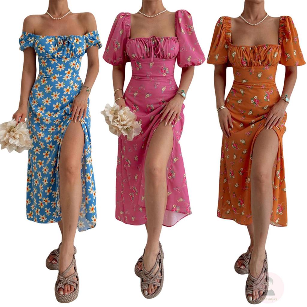 Đầm Tay Ngắn Cổ Vuông Họa Tiết Hoa Thời Trang Mùa Hè Xinh Xắn Cho Nữ