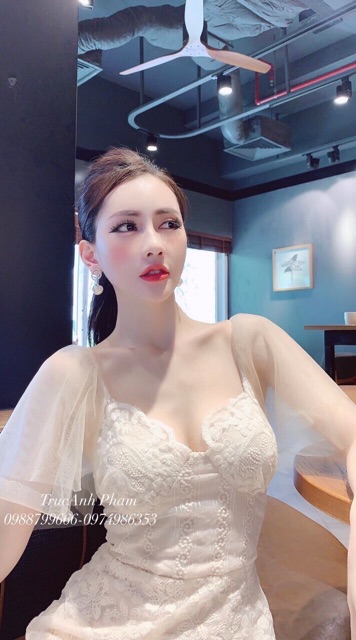 Có clip -Gv đầm xoè ren Nude vàng tay lưới
