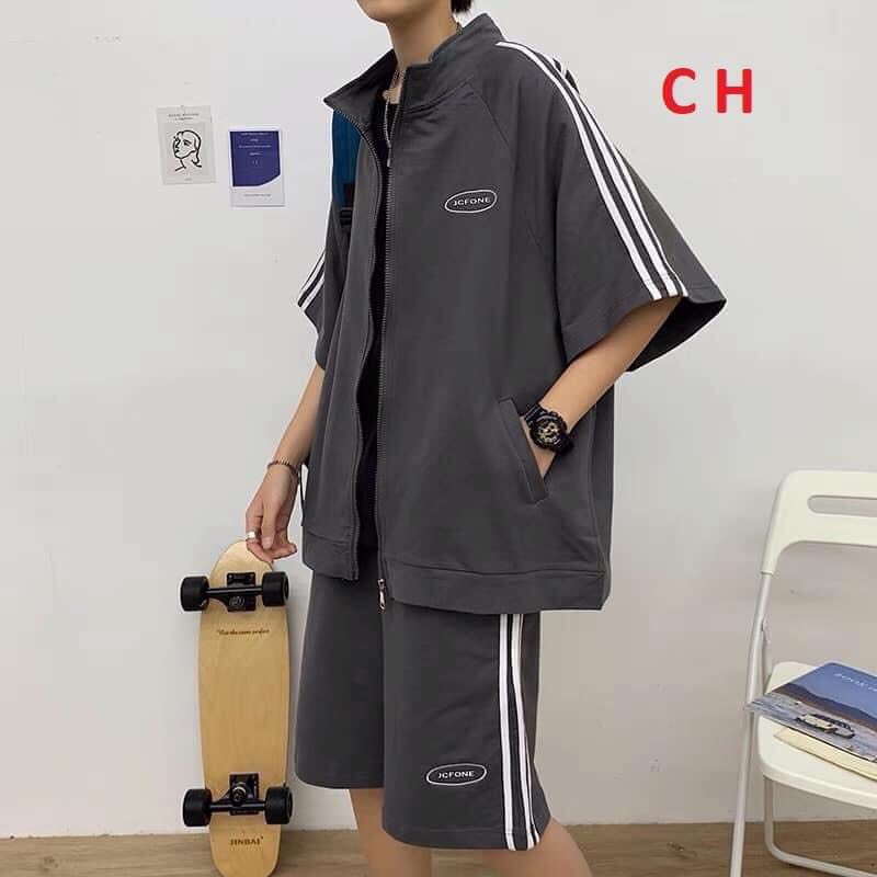 Bộ thể thao nam nữ unisex- sét áo cộc tay kèm quần đùi 3 sọc kéo khóa phong cách ULZZANG hàn quốc