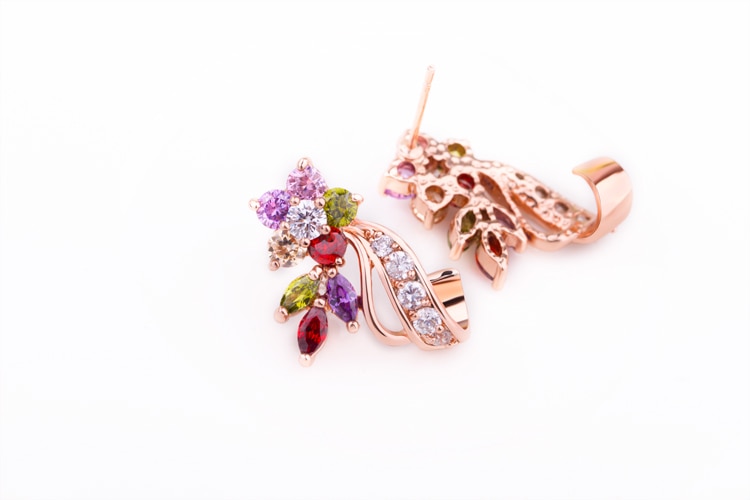 Khuyên tai BAMOER JIE019 màu vàng hình bông hoa đính đá zircon nhiều màu sắc thời trang cho nữ
