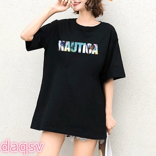 ♞ NAUTICA Letter Print Women Unisex Round Neck White/Black Short Tshirt Top [ASV]