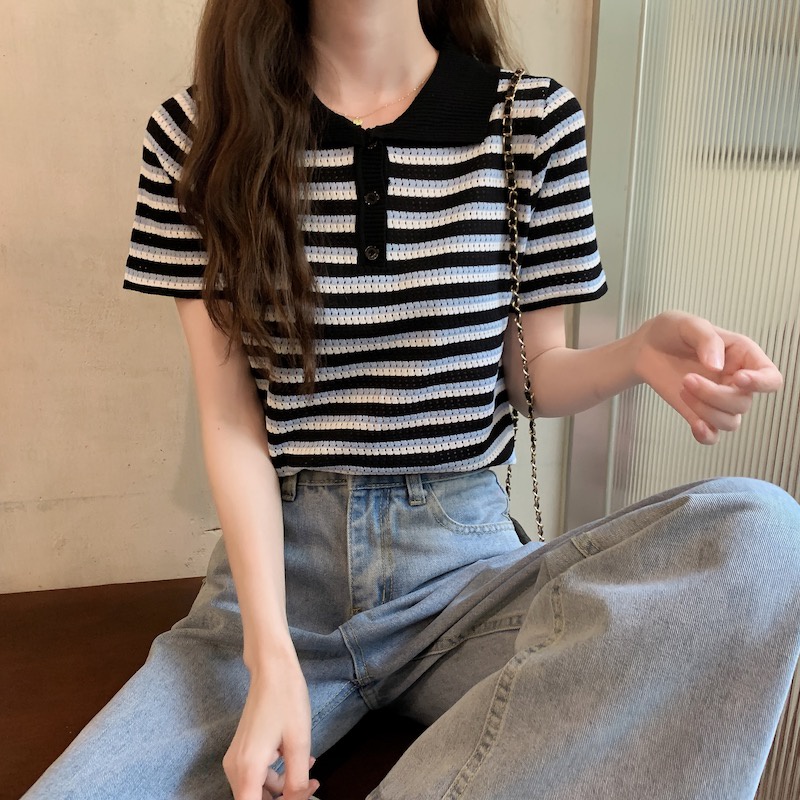 Porozi  Áo thun polo  tay ngắn dáng ôm kẻ sọc kiểu Hàn Quốc dễ thương cho nữ