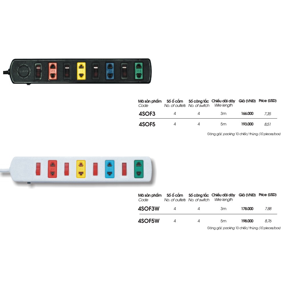 Ổ cắm nối dài 4 lỗ 4 công tắc Lioa 4SOF3 - 4SOF5(W)- ổ cắm nối tắt mở từng ổ riêng biệt