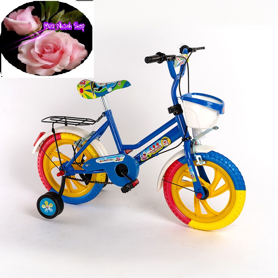Xe đạp DOREMONE cho bé 2-3-4-5-6 tuổi màu xanh / hồng, bánh 12/14 inch có chuông và 2 bánh phụ