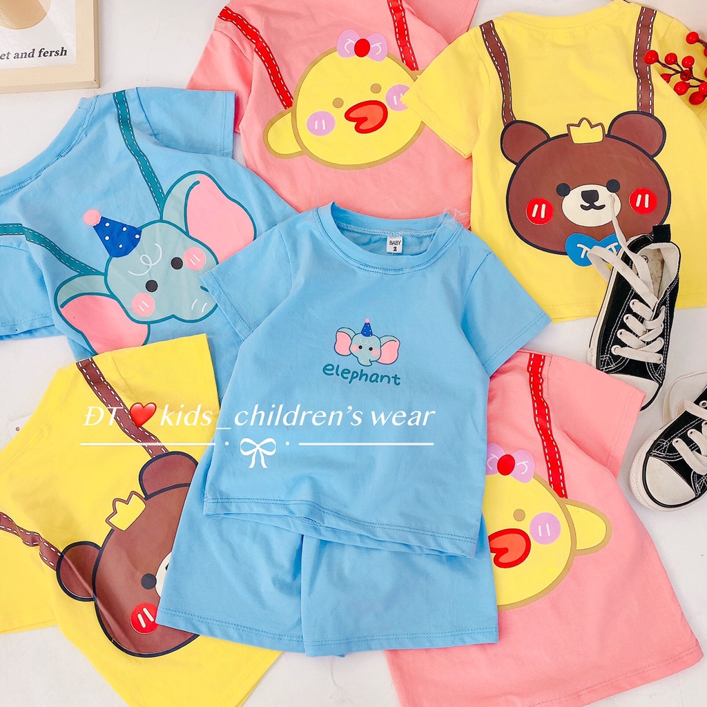 Bộ quần áo bé trai, bé gái, bộ cộc tay chất cotton thú đeo lưng đáng yêu cho bé