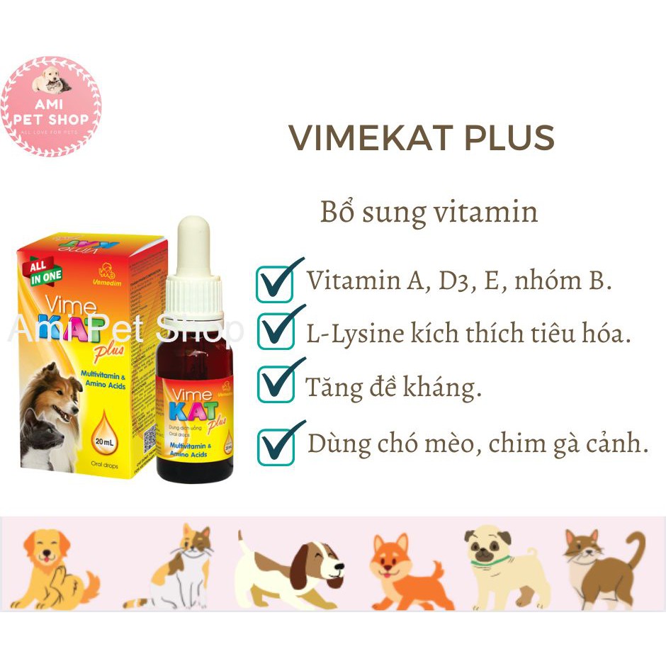 Bổ sung vitamin cho chó mèo, chim vẹt, bồ câu, gà kiểng Vimekat Plus Vemedim, chai 20ml