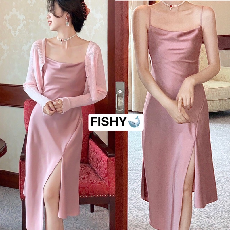 (SẴN+ẢNH THẬT+VIDEO) Đầm Hai Dây Lụa Nữ Dáng Dài Hai Màu Đen Trắng Thiết Kế Cổ Trễ Xẻ Tà Lệch Vạt Gợi Cảm FISHY | BigBuy360 - bigbuy360.vn