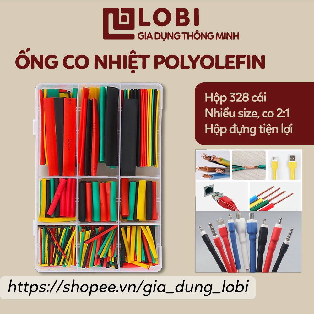 Ống co nhiệt nhiều kích cỡ hộp 328 cái, ống Polyolefin co nhiệt dùng để bọc cách điện cho dây cáp bộ 2:1