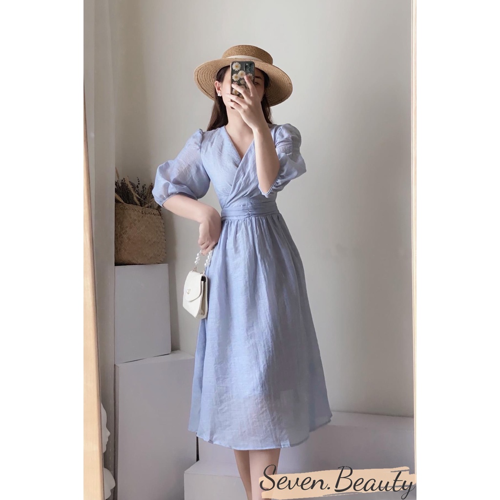 Váy nữ, đầm cổ V li eo 7.Beautiful chất tơ mềm, phong cách trẻ trung nữ tính hai màu cực xinh V106