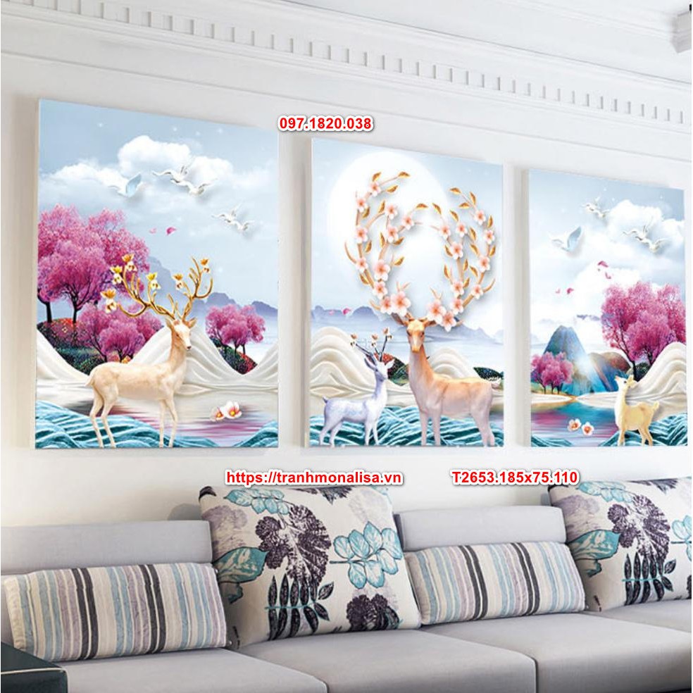 Tranh thêu kín Hươu Nai Tuần Lộc phát tài bộ 3 bức kích thước lớn 185x75