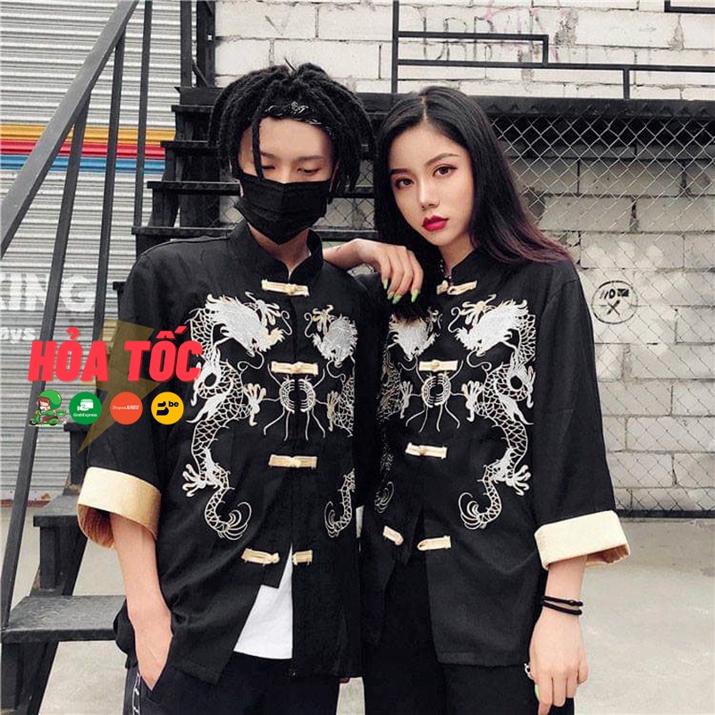 Áo shanghai phong cách trung hoa cổ điển , áo cổ tàu thêu rồng nam nữ