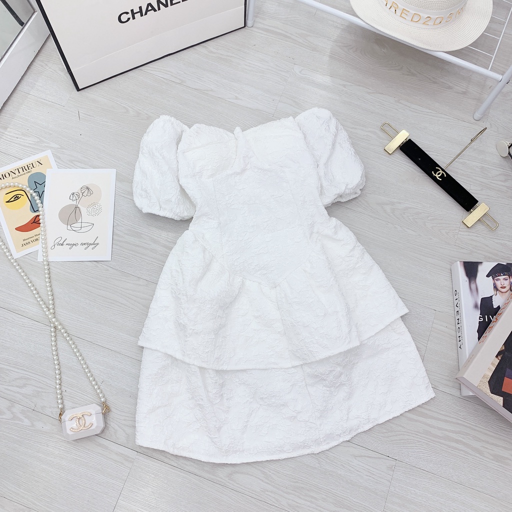 Váy trễ vai xốp hoa nổi 2 tầng dáng xòe MIVOSA VN100