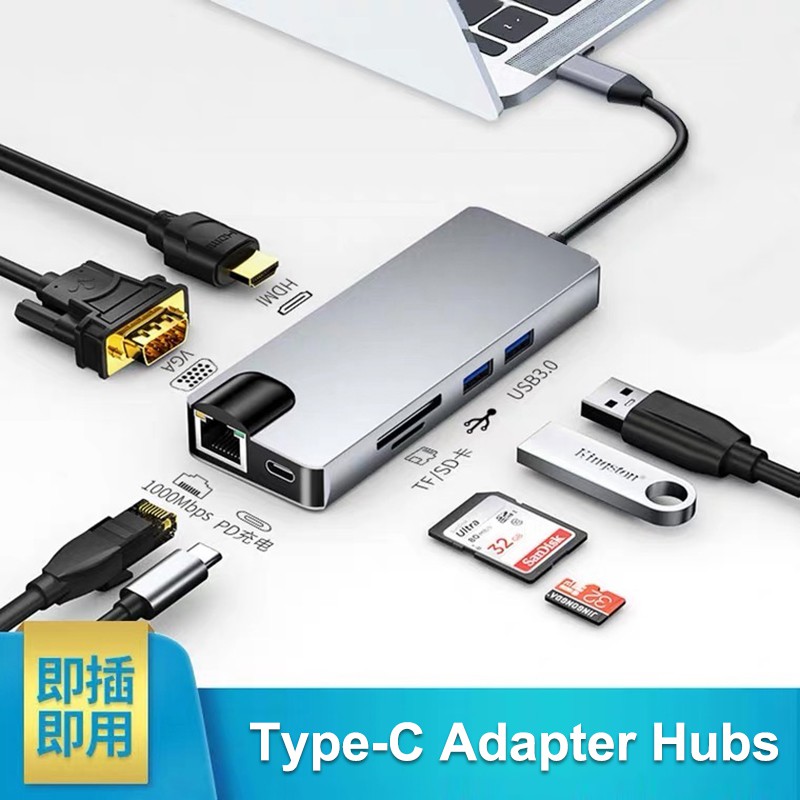 Thiết bị chuyển đổi Batianda Type C sang HDMI VGA RJ45 Gigabits Ethernet SD cho Macbook Air Pro Model A2179 A2338 M1