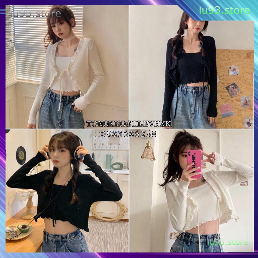 SET CARDIGAN TĂM MỎNG + ÁO QUÂY NỮ ĐEN TRẮNG - CROPTOP THIẾT KẾ DÂY VIỀN BÈO TIỂU THƯ Ulzzang - SET ÁO KHOÁC CROP CỘT BÈ