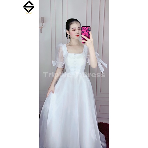 Đầm maxi cưới TRIPBLE T DRESS tay ngắn phồng kết nơ tay phối nút bọc - size S/M/L -MS162Y