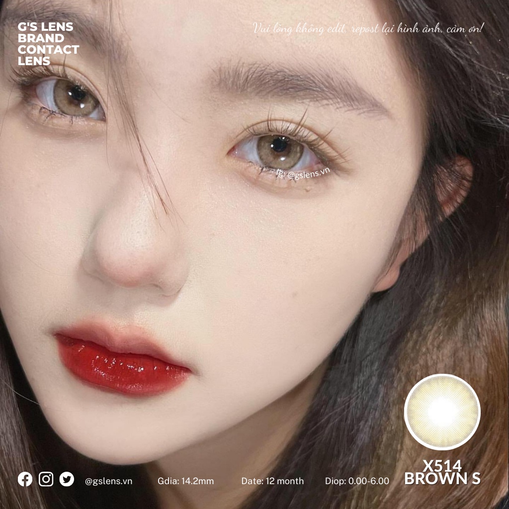 Lens Mắt Kính Áp Tròng Nâu Rêu X514 Brown Giãn Ít Có Từ 0 Đến 6 Độ Lệch Độ Size S 14.2mm